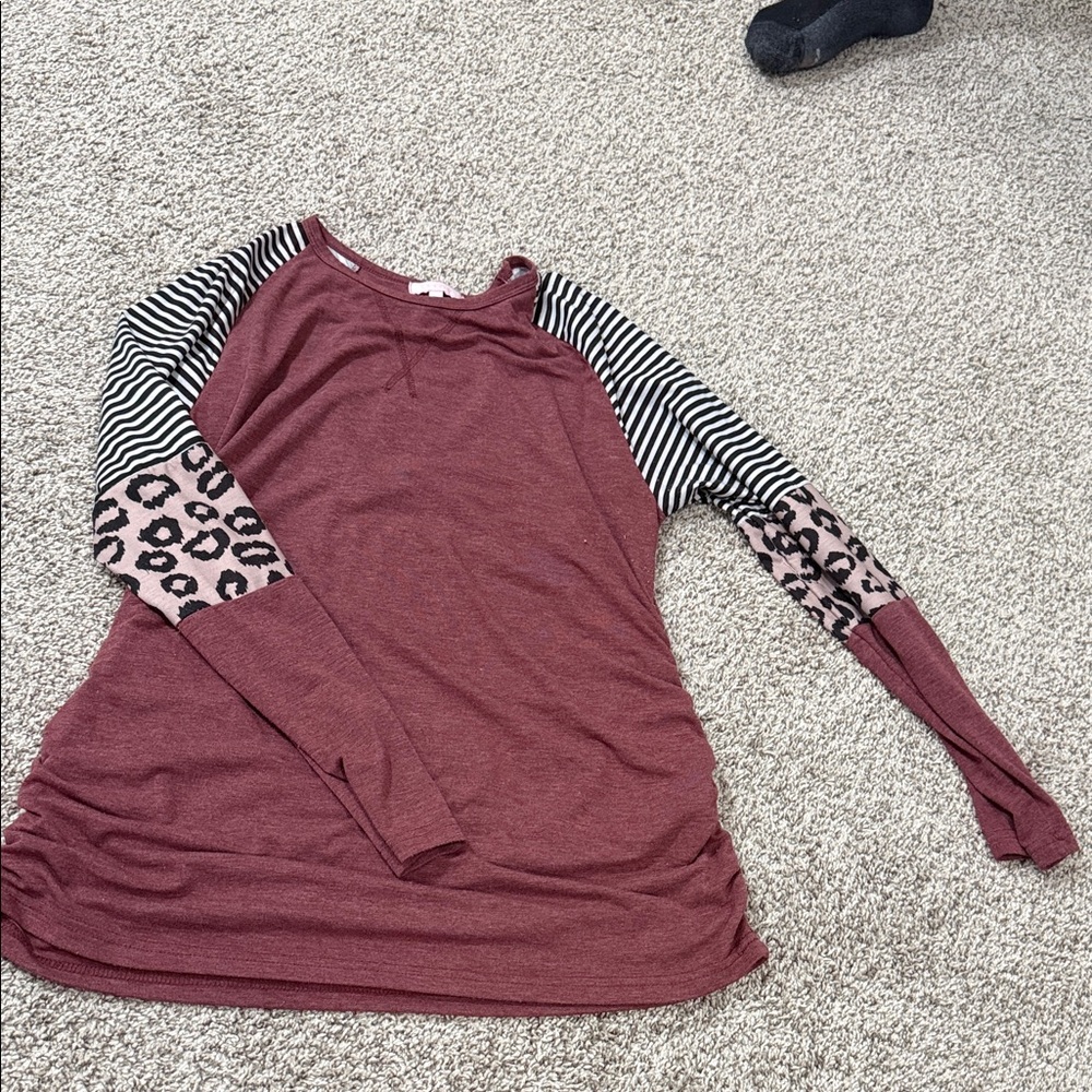 Women's Burgundy and Black Striped Sleeve Blouse